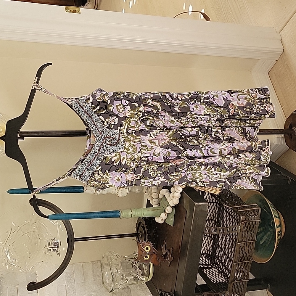 Free People mini dress XS spaghetti strap, beaded neckline, purple/green floral